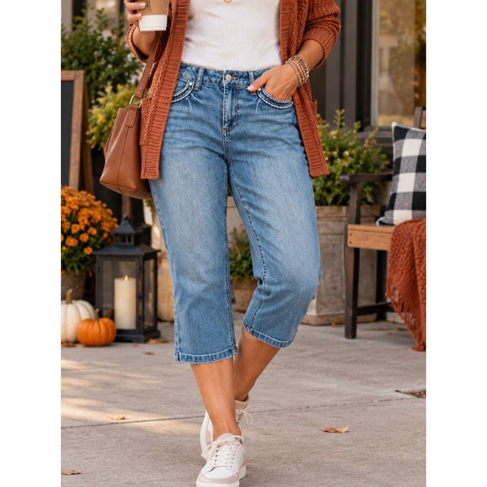 CATO Rhinestone Flap Pockets Capri Mid Rise Jeans 10 Women Blue Stretch Y2K